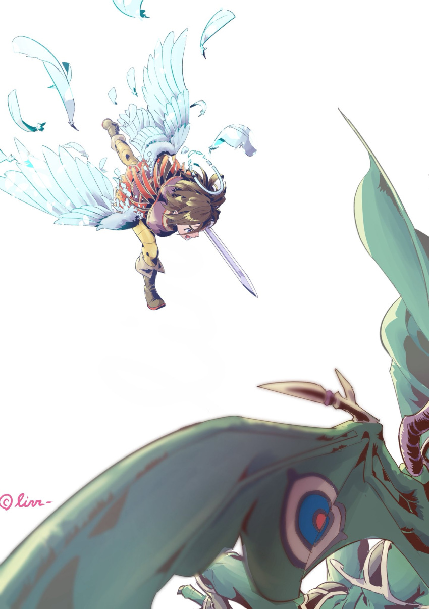 2boys, angel, angel_wings, bat_wings, black_horns, blue_eyes, blurry, boots