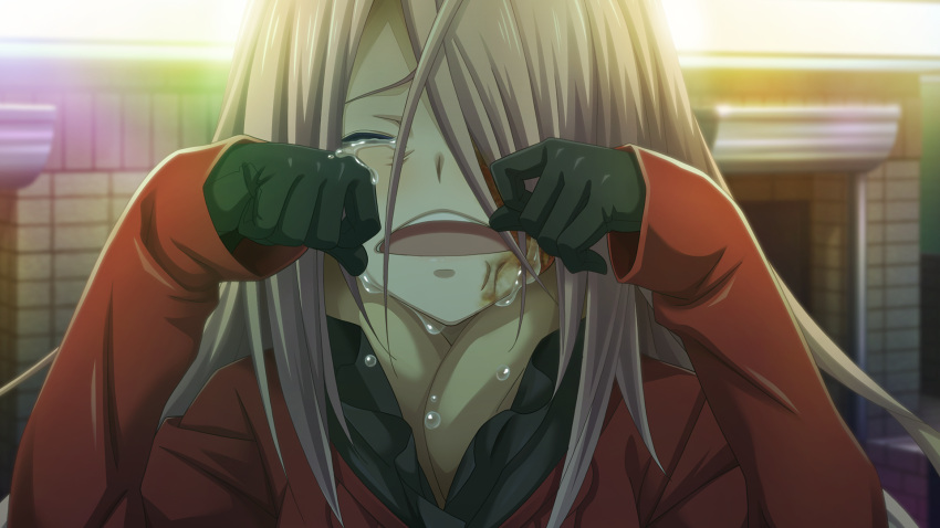 1girl, black_gloves, blurry, blurry_background, burn_scar, burnt_face, chaos;child, chaos;child_love_chu_chu!!