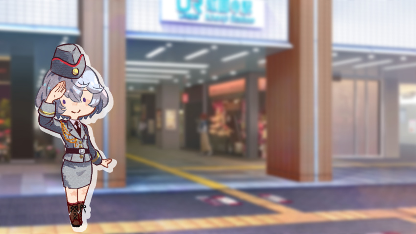 1girl, black_necktie, blurry, blurry_background, boots, brown_boots, closed_mouth, collared_shirt, dress_shirt, full_body, game_cg, grey_hair, grey_jacket, grey_skirt, jacket, lace-up_boots, long_sleeves, marie_mahler, medium_skirt, necktie, non-web_source, official_art, pencil_skirt, police, police_uniform, policewoman, salute, shirt, skirt, smile, solo, standing, train_station, violet_eyes, white_shirt, yumeutsutsu_re:master