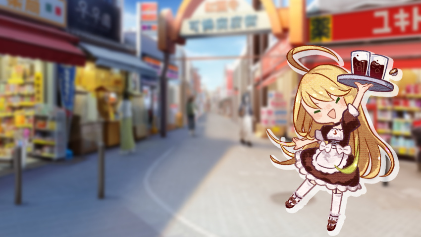 1girl, black_dress, blurry, blurry_background, closed_eyes, cup, deformed, dress
