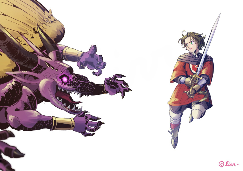 2boys, armor, black_horns, black_nails, bracer, brown_gloves, brown_hair, chainmail