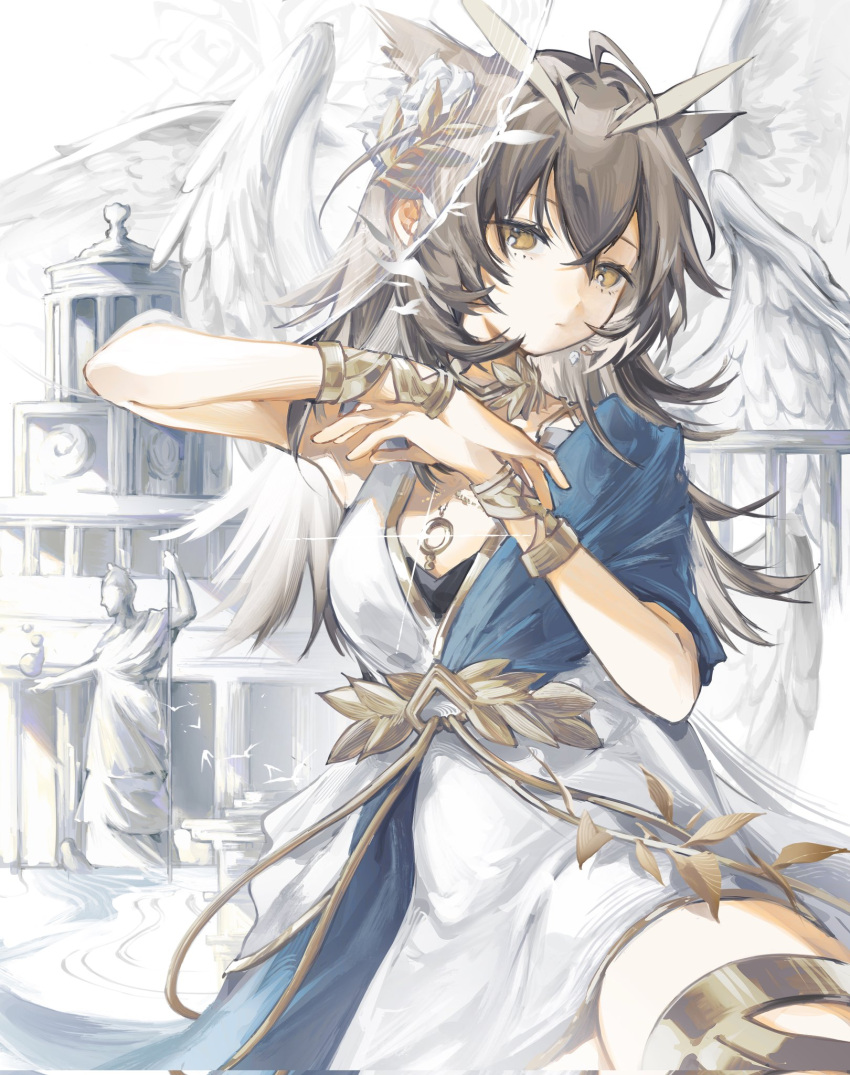 1girl, ahoge, ambience_synesthesia, angel_wings, architecture, arknights, armpits, asymmetrical_dress