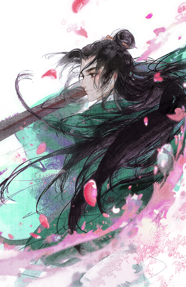 1boy, black_hair, brown_eyes, chinese_clothes, chinese_commentary, falling_petals, fighting_stance, from_behind