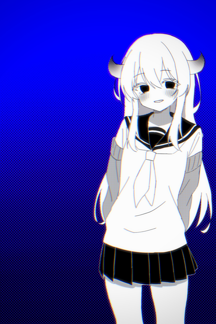 1girl, arms_behind_back, blue_background, blush, cardigan, chromatic_aberration, cowboy_shot, curled_horns