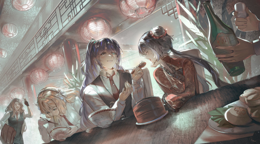 1boy, 1other, 3girls, architecture, black_eyes, black_gloves, black_vest, blue_eyes