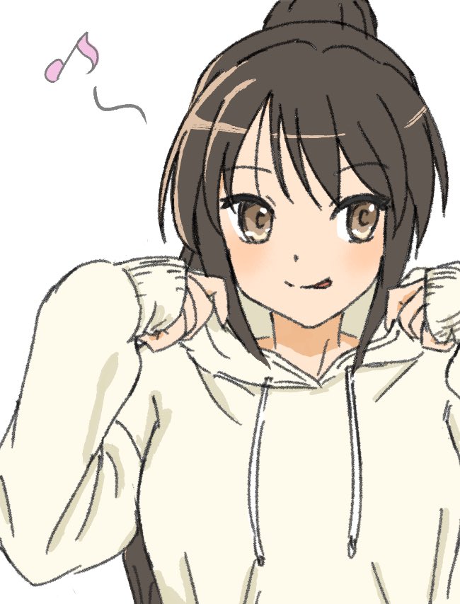 alternate_costume, brown_eyes, brown_hair, closed_mouth, eighth_note, hands_up, holding_hood, hood, hoodie, light_blush, long_hair, long_sleeves, looking_to_the_side, musical_note, ponytail, sidelocks, simple_background, smile, spoken_musical_note, suzumiya_haruhi, suzumiya_haruhi_no_yuuutsu, tongue, tongue_out, upper_body, waka_849, white_background, white_hoodie