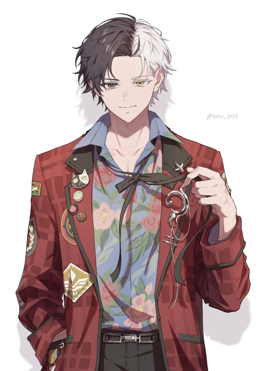1boy, alternate_costume, black_eyes, black_hair, heterochromia, highres, light_smile, long_sleeves