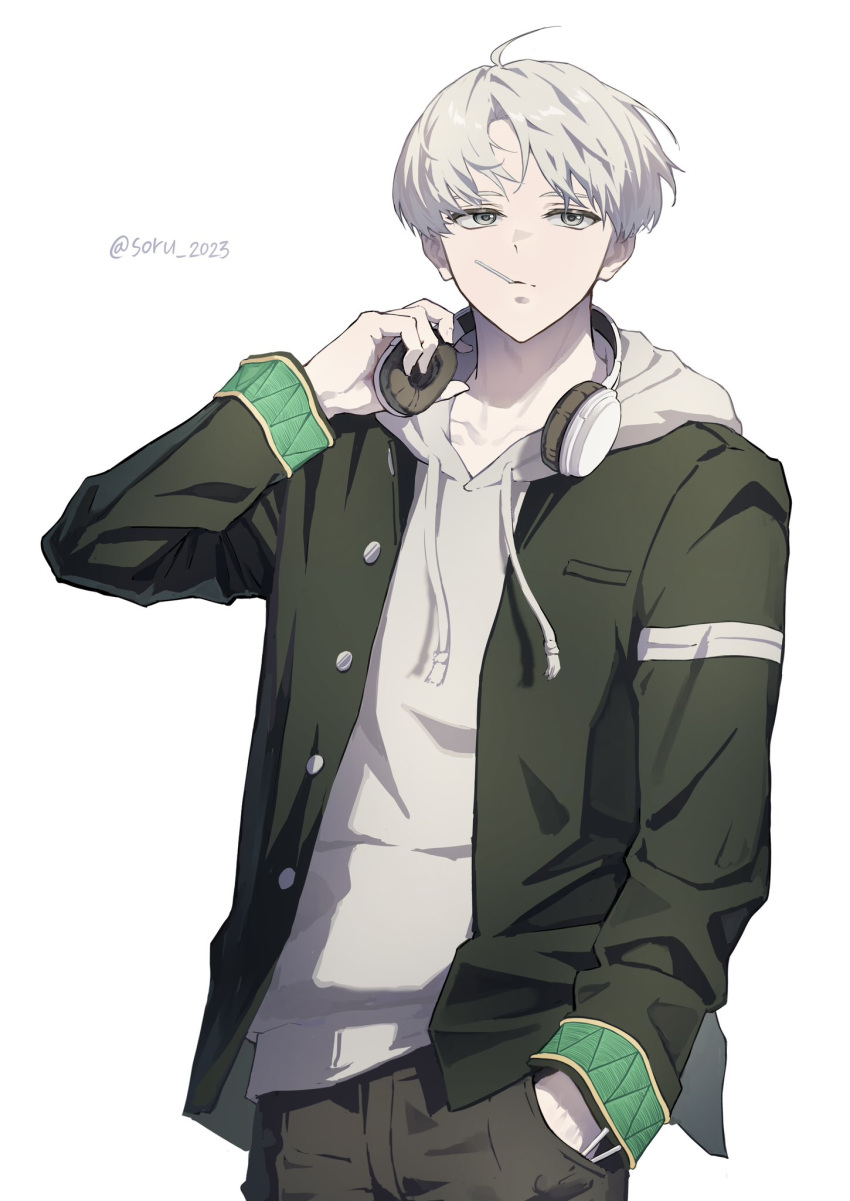 1boy, artist_name, black_pants, candy, food, grey_eyes, hand_in_pocket, headphones, headphones_around_neck, highres, hood, jacket, kaji_ren, lollipop, long_sleeves, male_focus, pants, short_hair, simple_background, solo, soru_2023, white_background, white_hair, wind_breaker_(nii_satoru)
