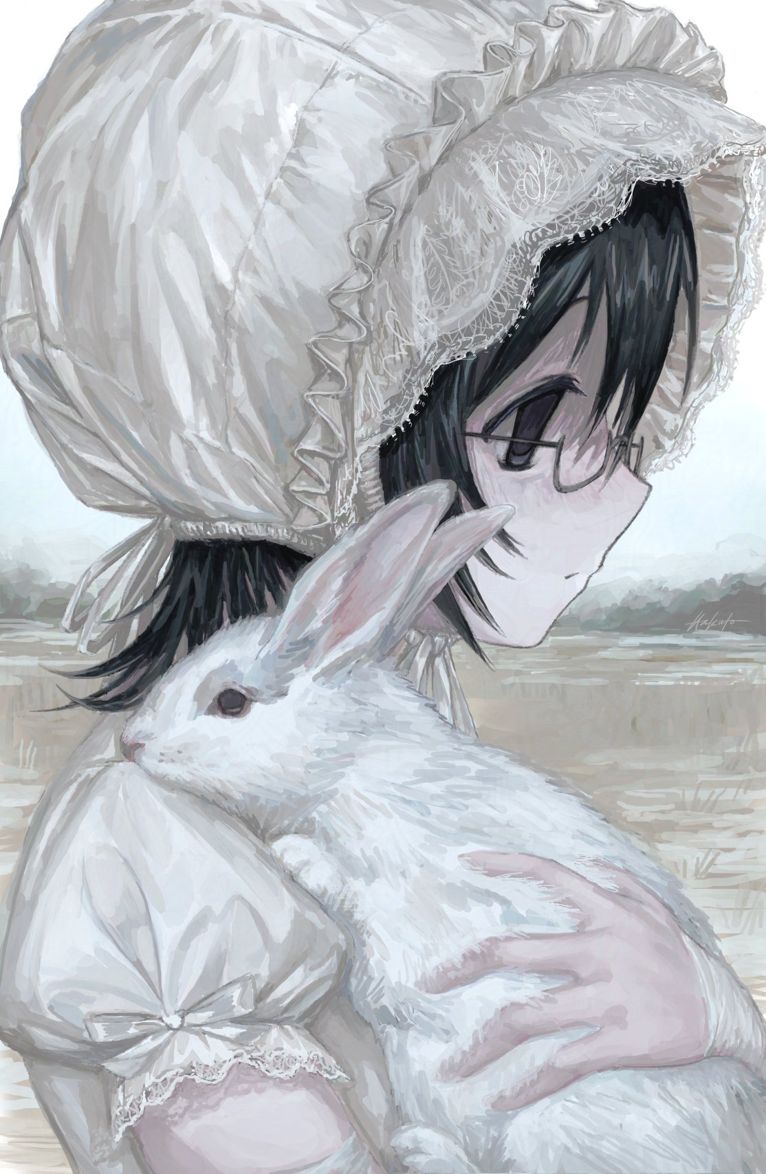 1girl, animal, black_eyes, black_hair, bonnet, closed_mouth, dearhakuto, empty_eyes