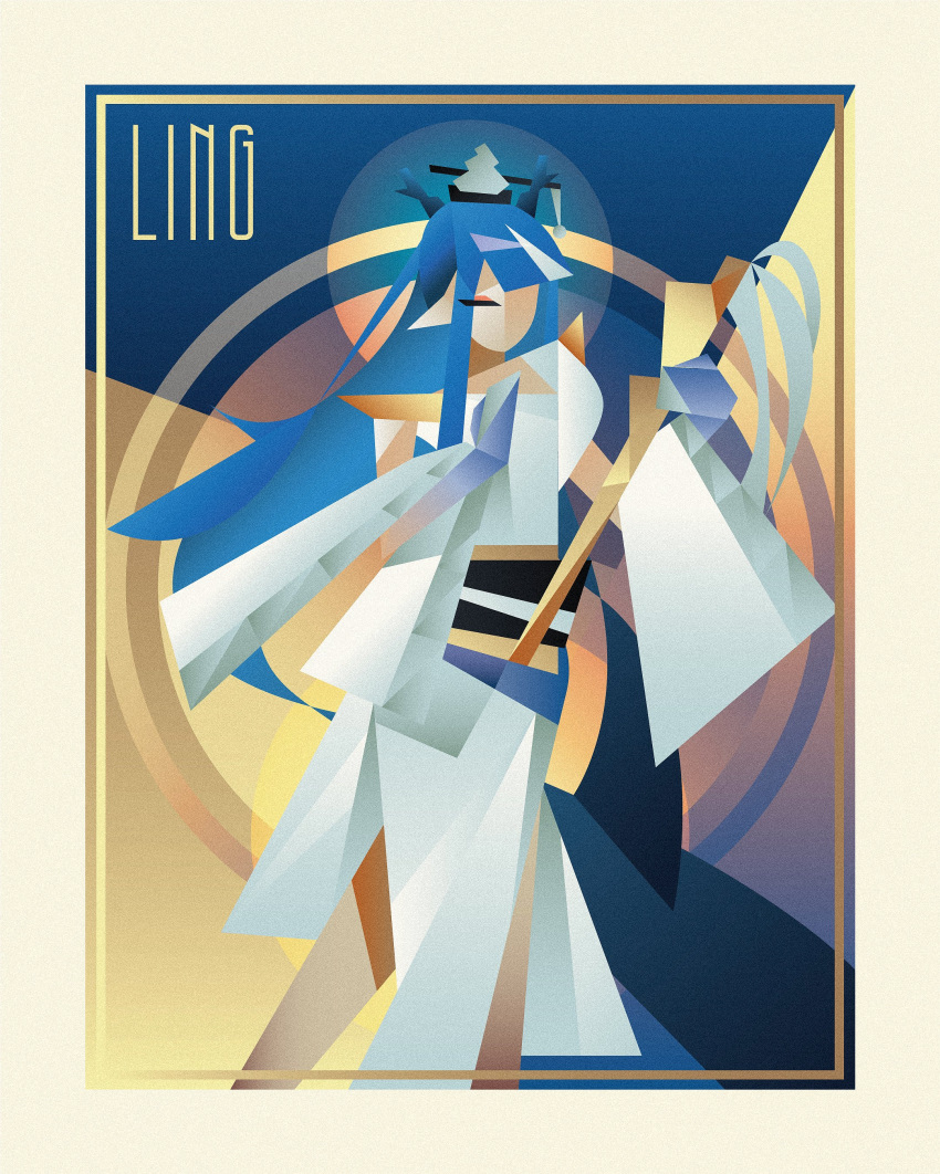 1girl, absurdres, arknights, art_deco, blue_hair, blue_hands, character_name, colored_extremities