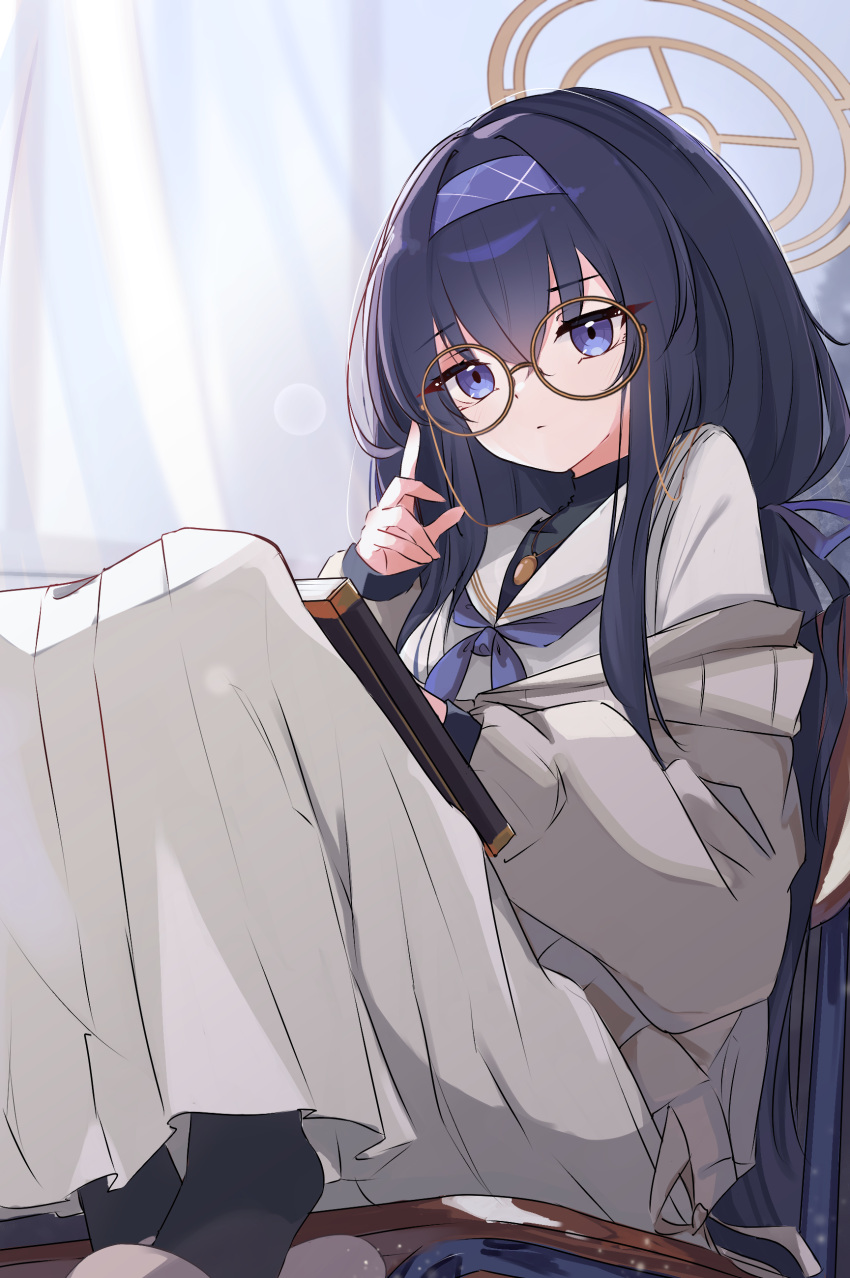 1girl, absurdres, black_shirt, black_socks, blue_archive, blurry, blurry_background, book