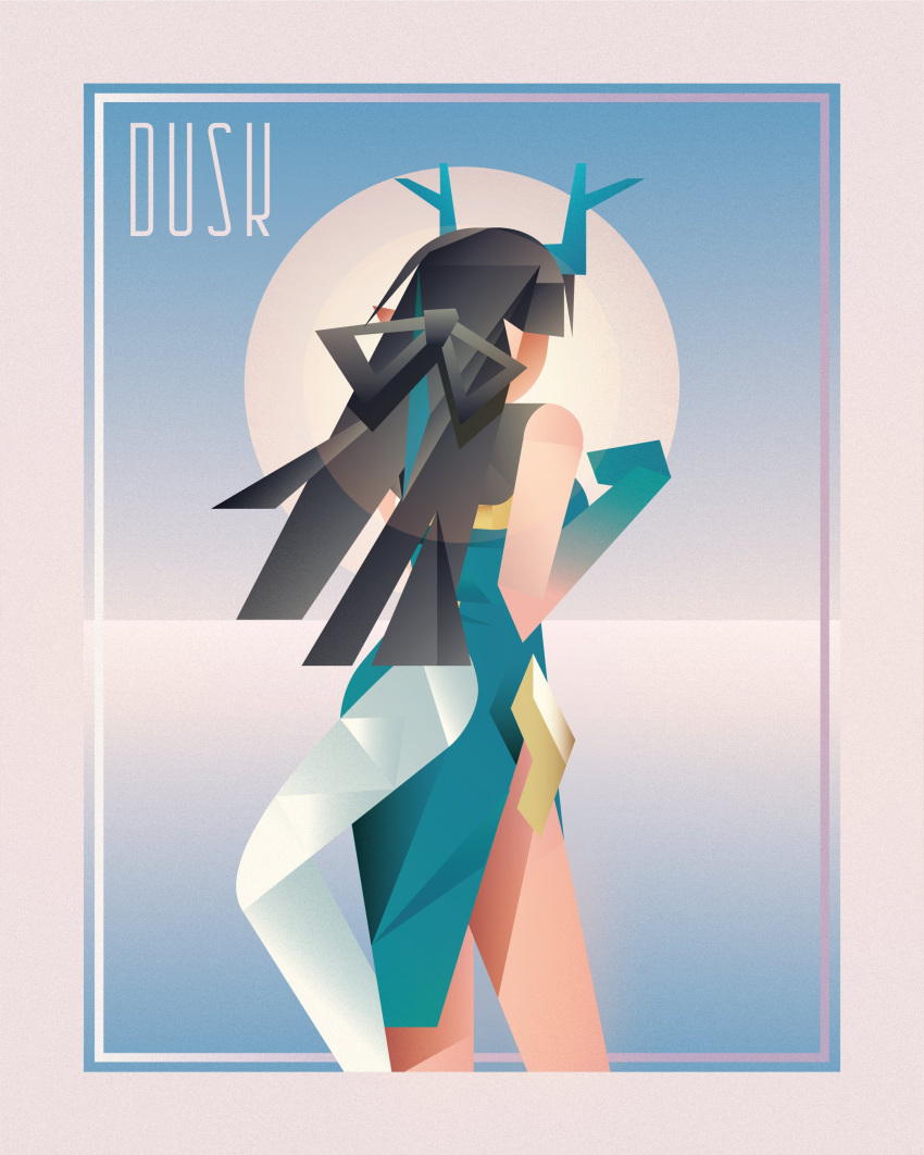 1girl, absurdres, arknights, art_deco, bare_arms, black_hair, blue_dress, blue_hair