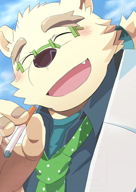 1boy, animal_ears, bear_boy, bear_ears, blue_shirt, blue_sky, blush, cigarette