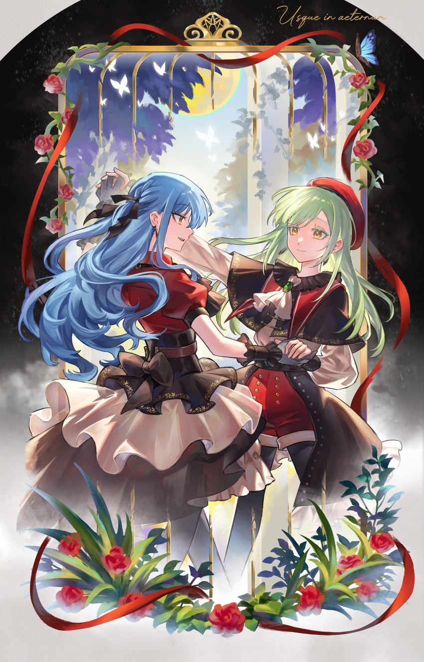 2girls, absurdres, arm_up, ascot, back_bow, bang_dream!, bang_dream!_it's_mygo!!!!!, belt