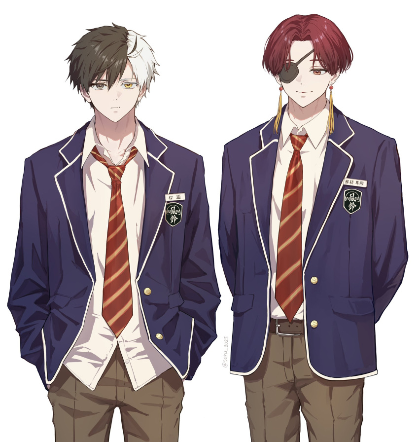 2boys, belt, black_hair, brown_pants, earrings, eyepatch, hand_in_pocket, heterochromia