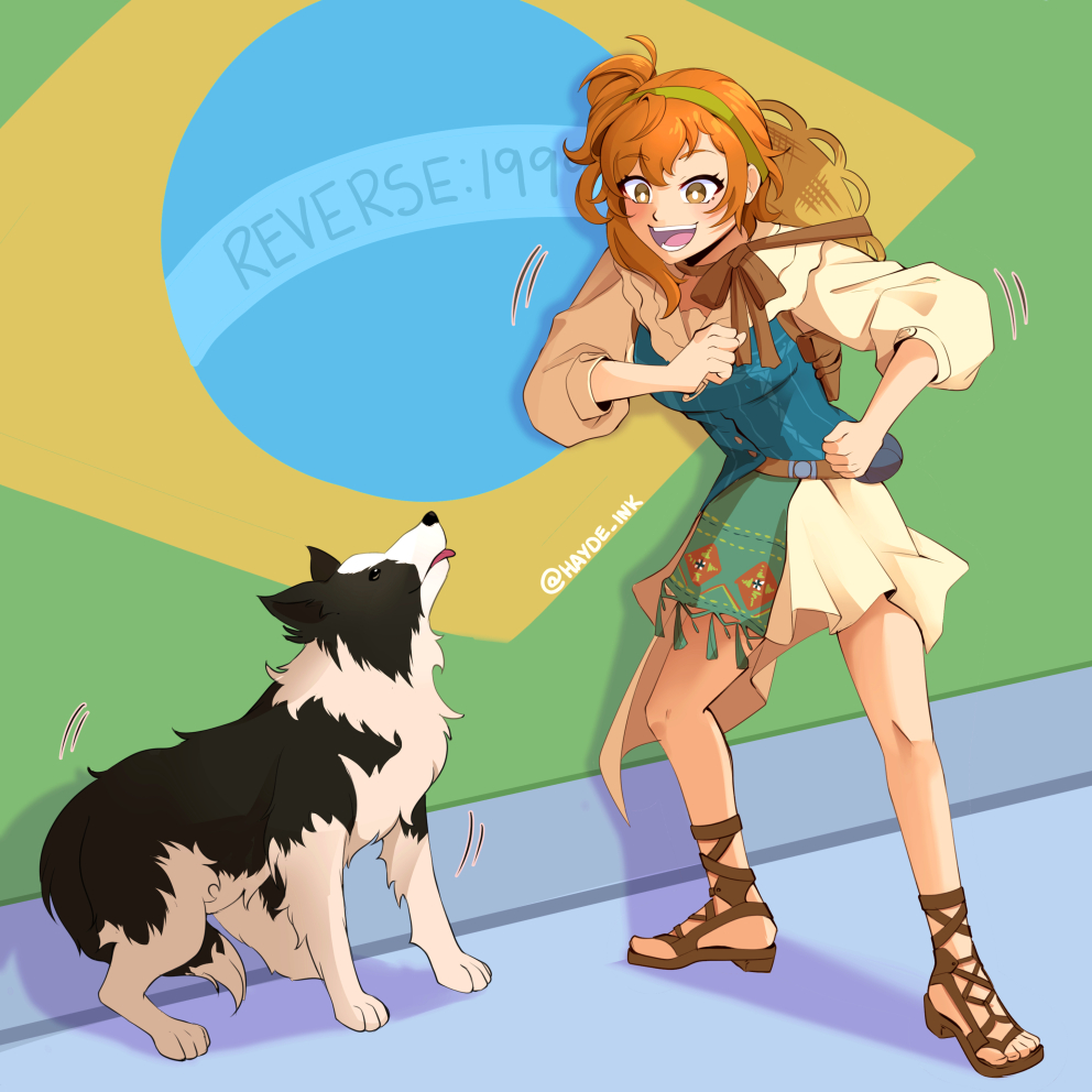 1girl, :d, blue_vest, border_collie, brazil_dog_dance_(meme), brazilian_flag, bright_pupils, brown_sandals