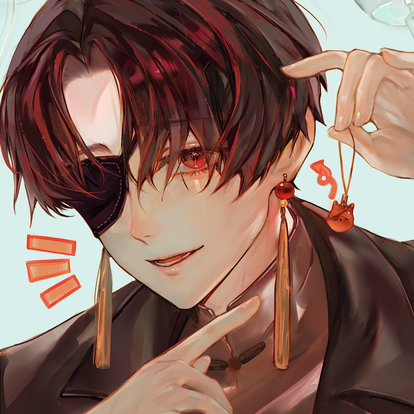 1boy, black_hair, curtained_hair, earrings, eyelashes, eyepatch, highres, jewelry