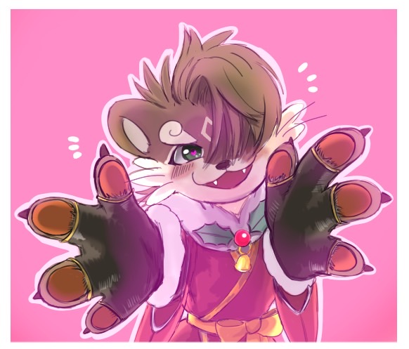 1boy, animal_ears, blush, claws, commentary_request, fangs, fingerless_gloves, furry