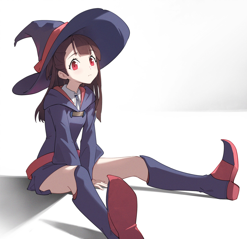 1girl, arms_between_legs, between_legs, blue_boots, blue_hat, boots, brown_hair, closed_mouth