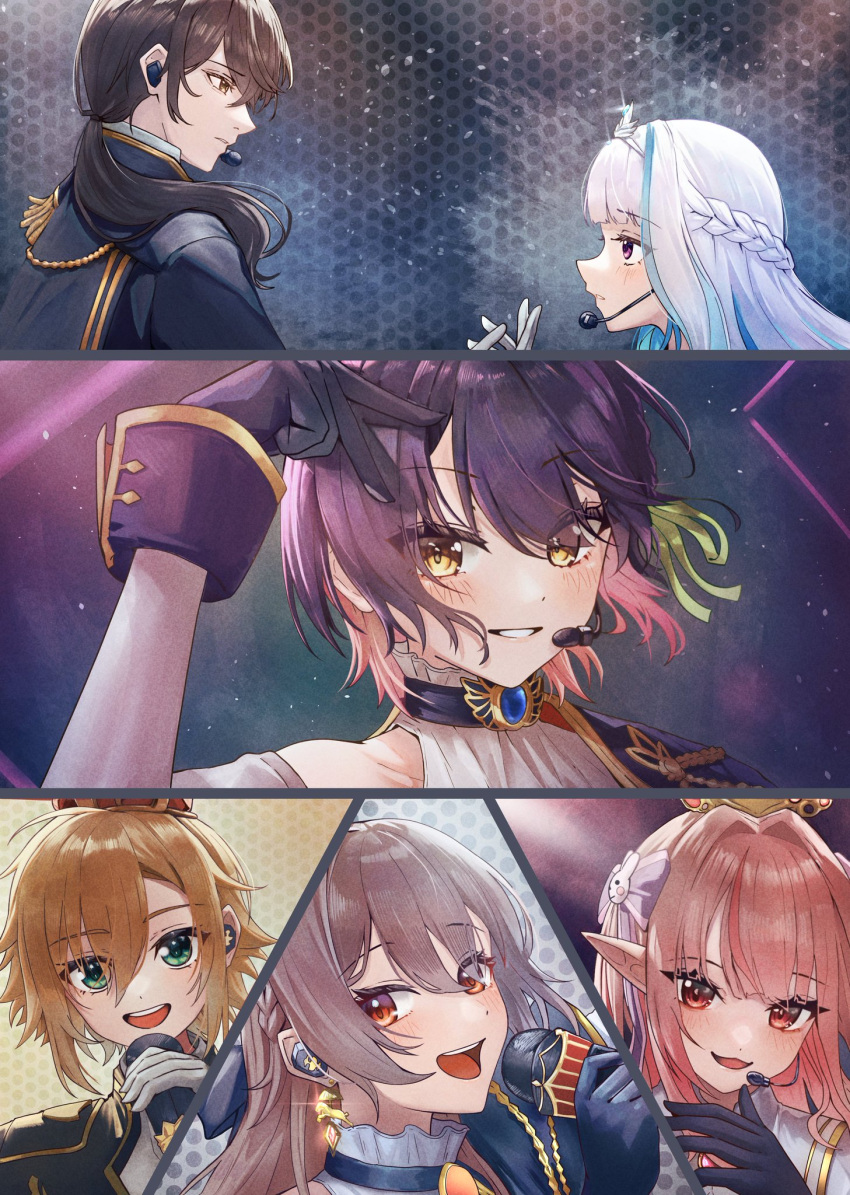 2boys, 4girls, aiguillette, animal_earrings, arm_up, blonde_hair, blue_gemstone, blue_gloves