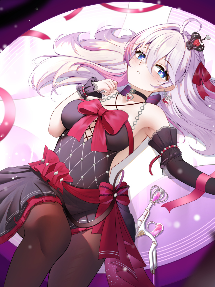 1girl, absurdres, ahoge, blue_eyes, blush, breasts, dress, hair_ornament