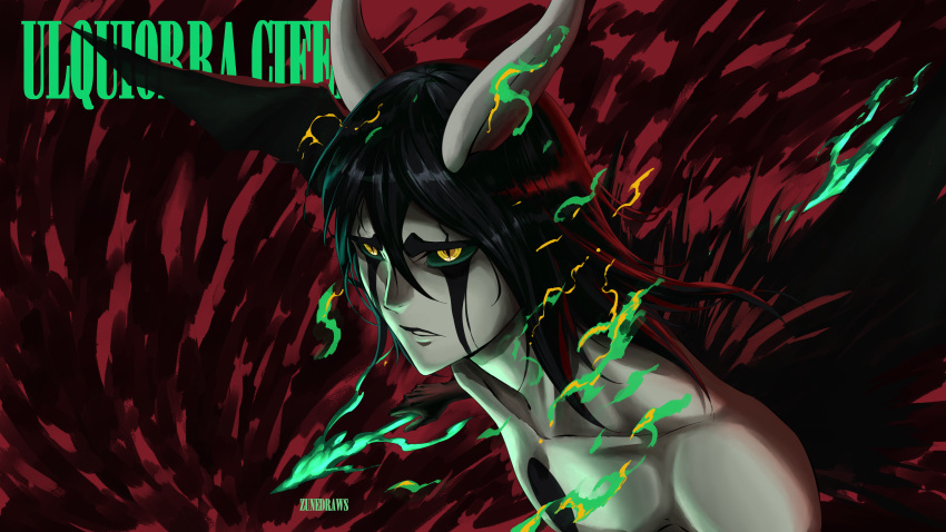 1boy, absurdres, artist_name, black_hair, bleach, character_name, colored_skin, demon_boy