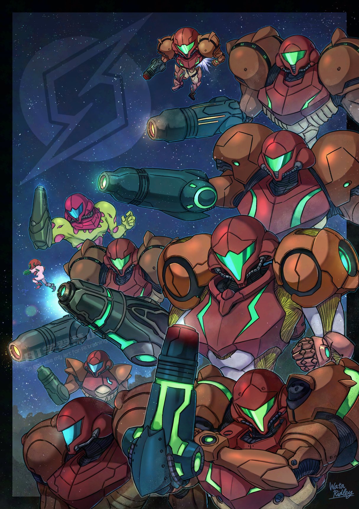 arm_cannon, armor, assault_visor, blue_visor, full_armor, green_visor, helmet, highres, metroid, metroid_(classic), metroid_2:_return_of_samus, metroid_dread, metroid_fusion, metroid_prime, metroid_prime:_federation_force, metroid_prime_2:_echoes, neon_trim, power_armor, power_suit_(metroid), samus_aran, science_fiction, shoulder_pads, varia_suit, wakaba_(wata_ridley), watermark, weapon