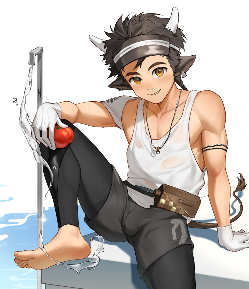1boy, animal_ears, arknights, barefoot, black_shorts, chinese_commentary, commentary_request, cow_boy