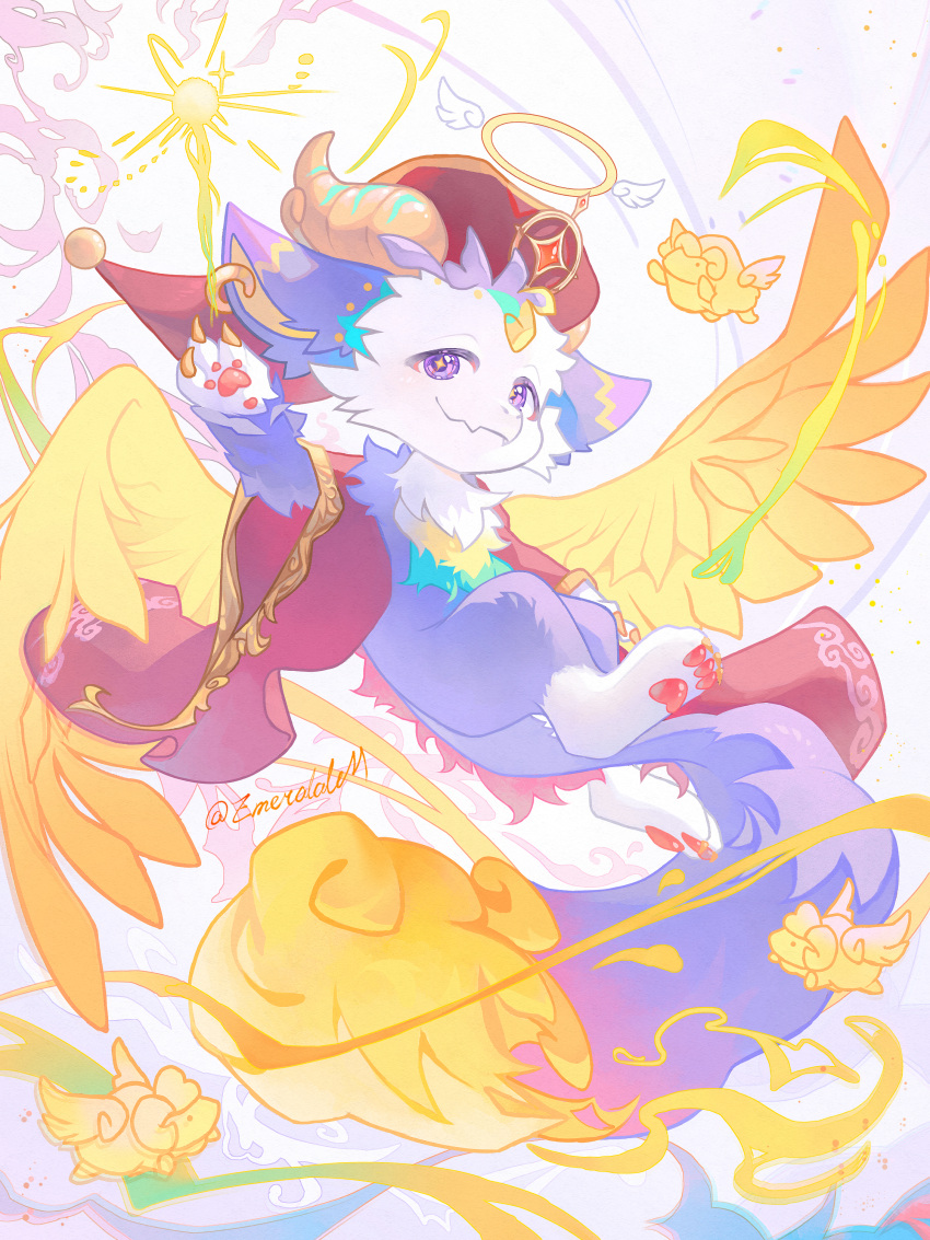 1other, absurdres, dragon, dragon_village_(series), dragon_village_collection, feathered_wings, furry, halo, hat, highres, klid_(dragon_village), klid_(executor)_(dragon_village), orange_wings, robe, sheep, user_seyu4472, wings