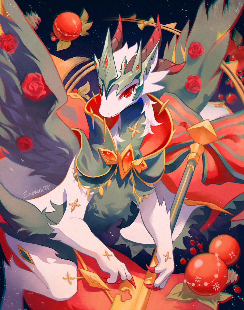 absurdres, cape, christmas, christmas_ornaments, clavis_(christmas)_(dragon_village), clavis_(dragon_village), dragon, dragon_village_(series), dragon_village_collection, feathered_wings, flower, green_cape, green_wings, high_collar, highres, key, looking_at_viewer, no_humans, red_eyes, red_flower, red_rose, rose, user_seyu4472, wings