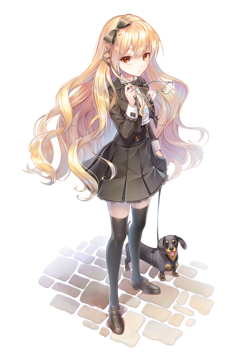 1girl, black_bow, black_jacket, black_shoes, black_skirt, black_thighhighs, blonde_hair, bow