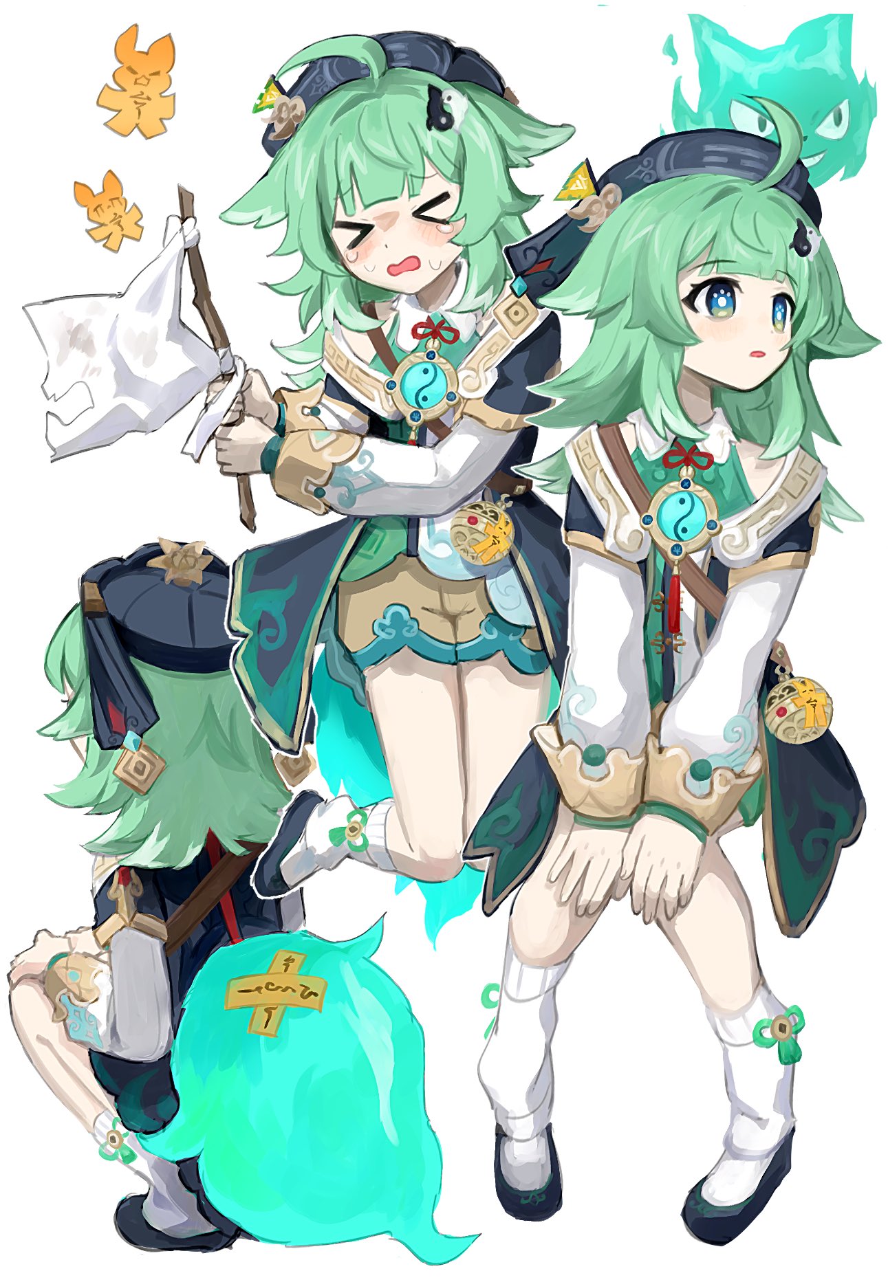 >_<, 3girls, ahoge, animal_ears, belt, black_hat, black_shoes, blunt_bangs