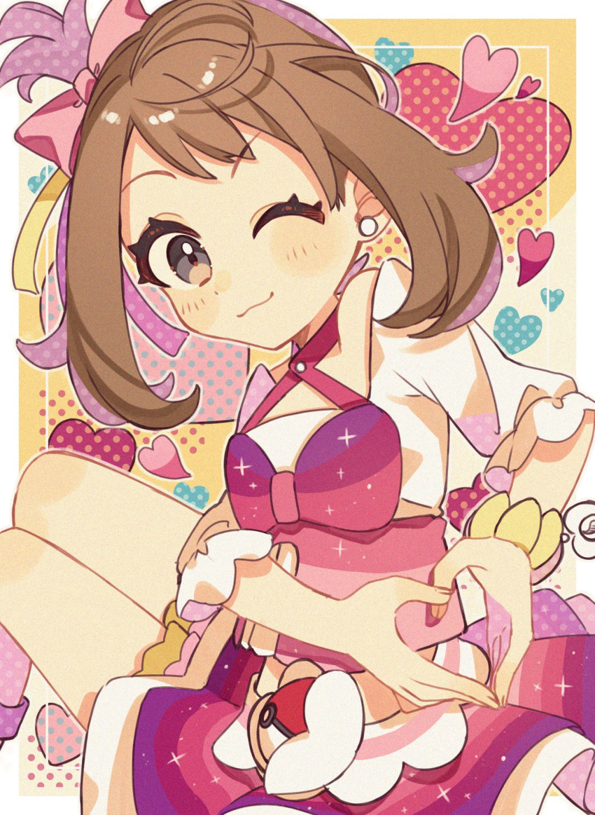 1girl, alternate_costume, blue_eyes, blush, bow, bracelet, breasts, brown_hair