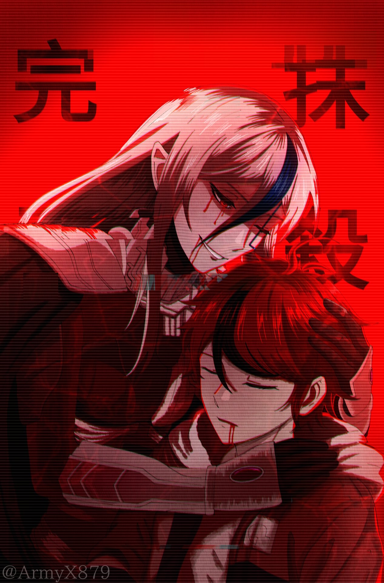 1boy, 1girl, ahoge, armyx879, blood, blood_from_mouth, closed_eyes, hand_on_another's_head