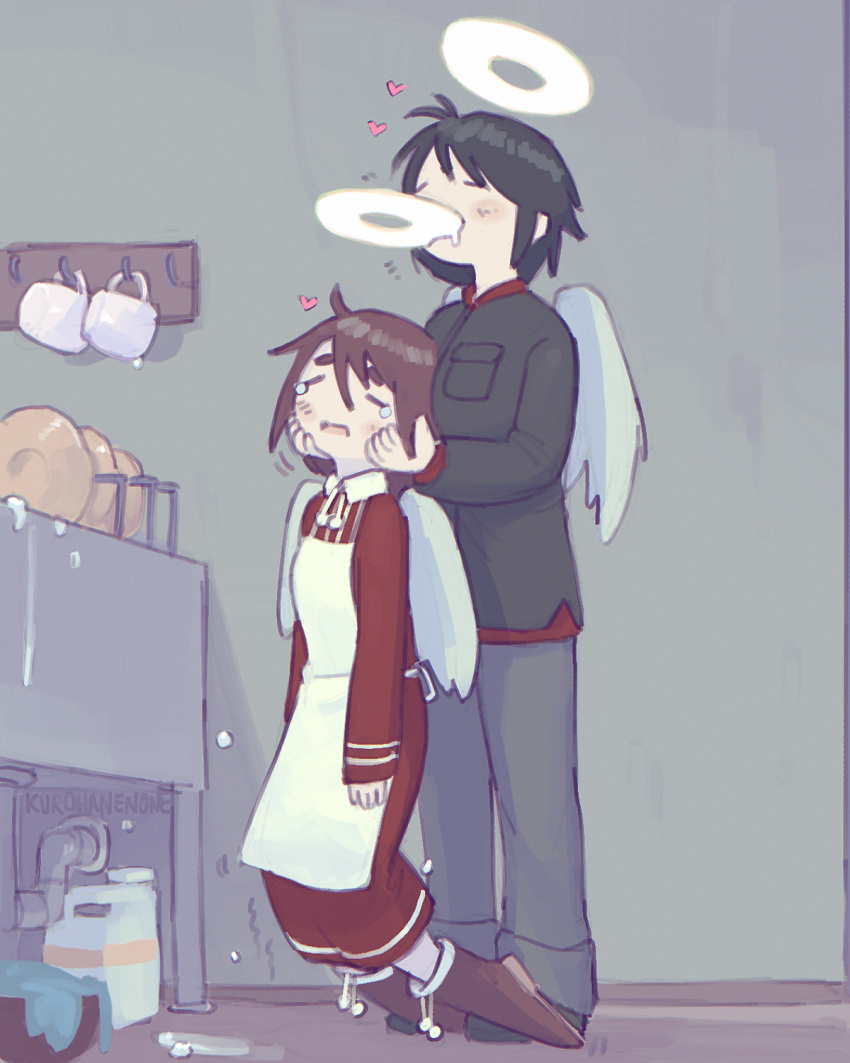 2girls, artist_name, biting, biting_another, biting_another's_head, blush, boots, breast_rest