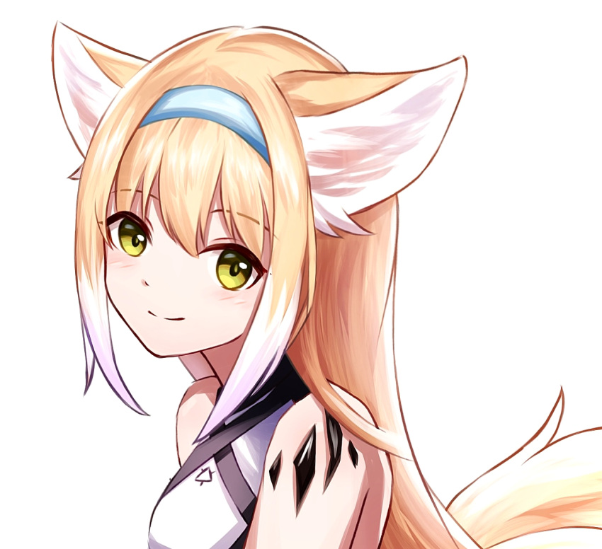1girl, aged_up, animal_ears, arknights, bare_shoulders, blonde_hair, blue_hairband, closed_mouth