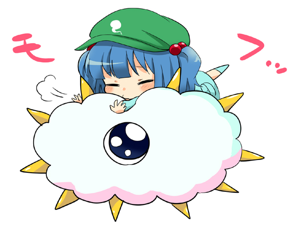 backpack, blue_dress, blue_hair, chibi, closed_eyes, cloud, clouds, crossover