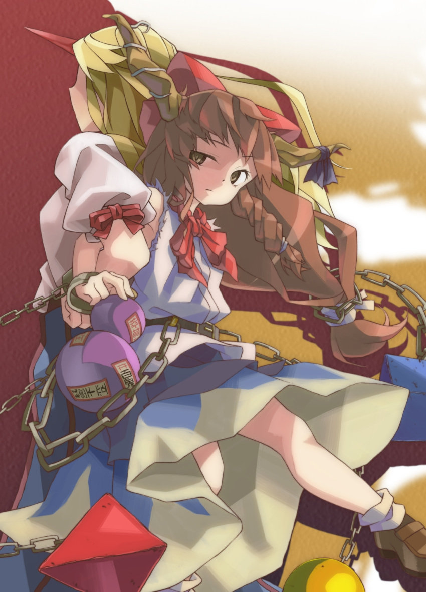 arms_interlocked, back-to-back, blonde_hair, brown_hair, chain, chains, gourd, highres
