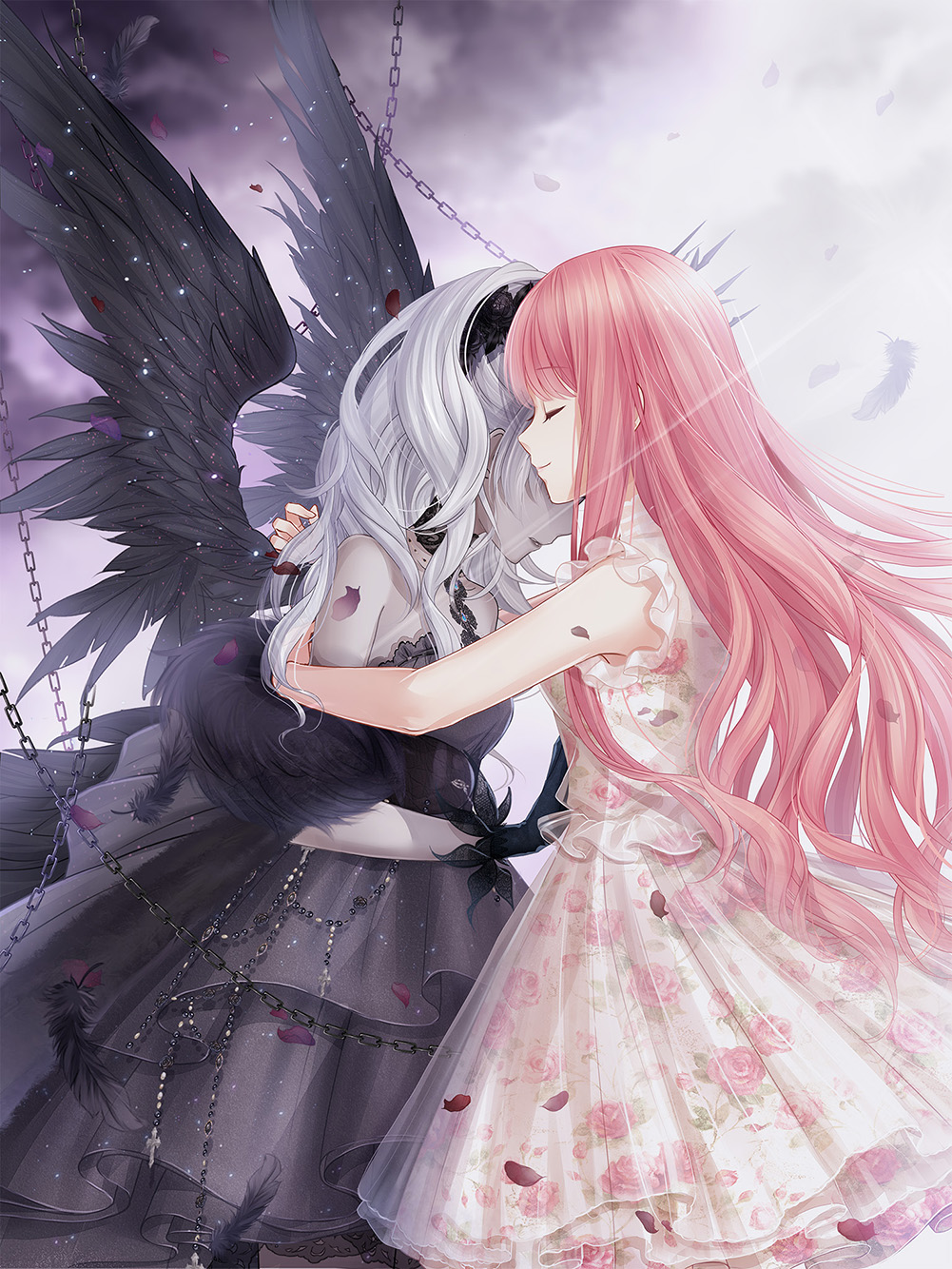 2girls, angel_wings, artist_request, bare_arms, bare_shoulders, black_collar, black_scrunchie, black_shawl