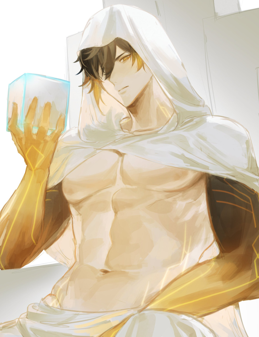 1boy, abs, absurdres, black_hair, black_skin, brown_hair, colored_skin, genshin_impact