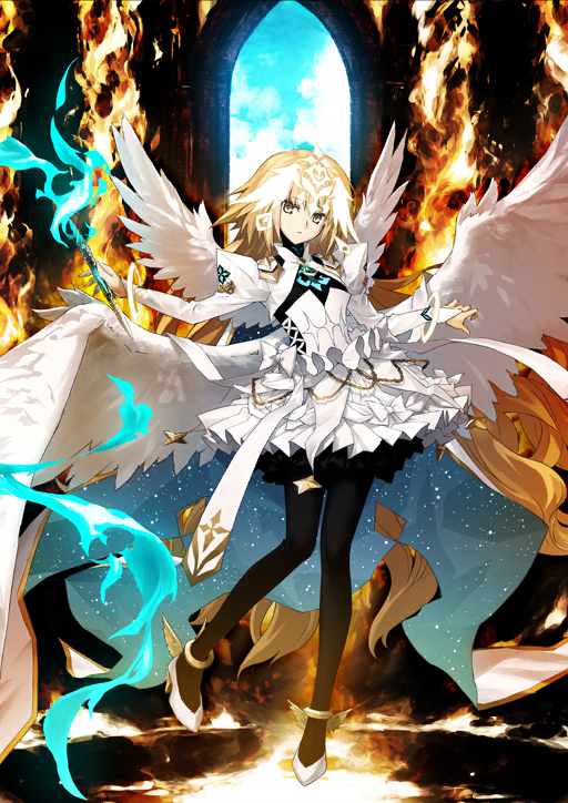 1girl, angel_wings, anklet, black_pantyhose, black_shirt, blonde_hair, blue_cape, blue_fire