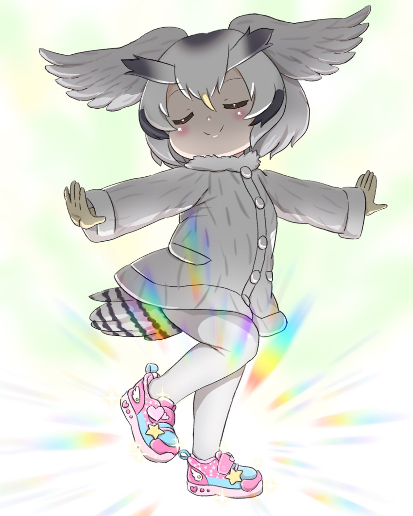 1girl, akatsuki_no_guuru, buttons, closed_eyes, coat, doyagao, feathers, fur-trimmed_coat, fur_trim, gloves, hair_between_eyes, hair_wings, highres, kemono_friends, light_up_shoes, multicolored_shoes, northern_white-faced_owl_(kemono_friends), outstretched_arms, pantyhose, shoes, simple_background, smile, smug, solo, standing, standing_on_one_leg, white_background, white_coat, white_hair, white_pantyhose, yellow_gloves