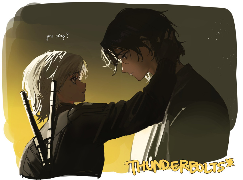 1boy, 1girl, animification, black_gloves, black_hair, blonde_hair, bodysuit, brown_hair