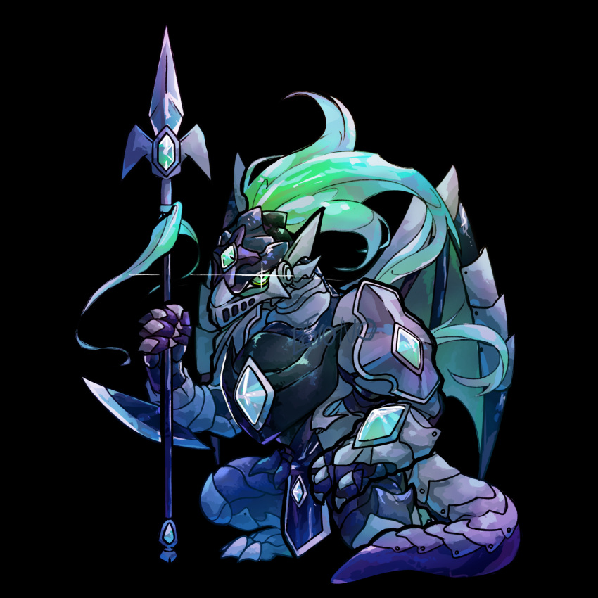 1other, armor, black_background, blue_gemstone, character_request, commentary_request, dragon, dragon_village_(series)