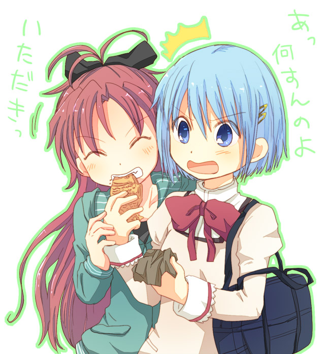 2girls, bag, blue_eyes, blue_hair, casual, closed_eyes, eating, eyes_closed, food, hair_ornament, hairclip, long_hair, mahou_shoujo_madoka_magica, miki_sayaka, multiple_girls, open_mouth, ponytail, purin_(pinkcotton), red_hair, redhead, sakura_kyouko, school_bag, school_uniform, short_hair, simple_background, smile, taiyaki, translated, translation_request, wagashi, wavy_mouth