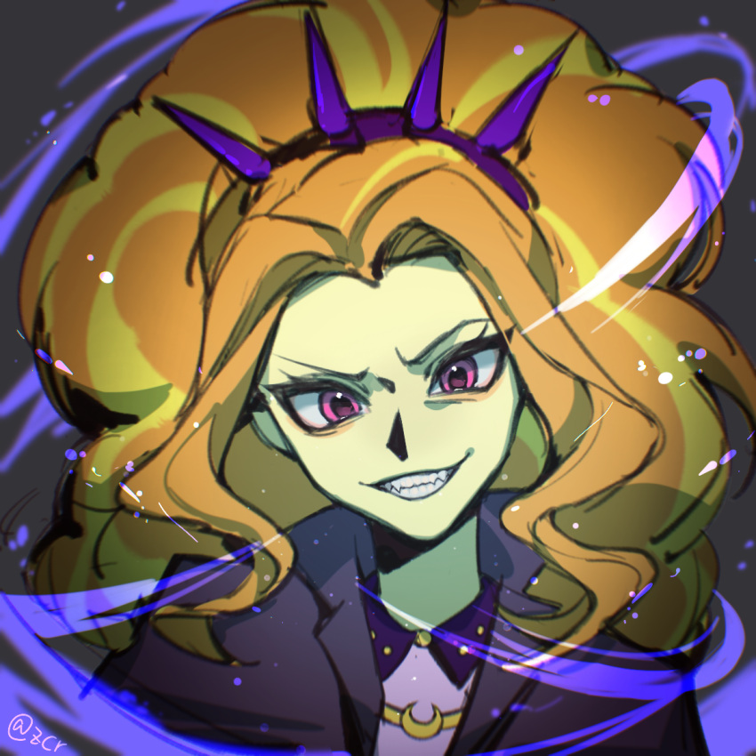 1girl, adagio_dazzle, adagio_dazzle_(human), black_jacket, blonde_hair, chinese_commentary, collared_jacket, collared_shirt, colored_skin, commentary_request, curly_hair, curtained_hair, deadbirdorzcr, furrowed_brow, grey_background, grin, hair_behind_ear, hairband, head_tilt, high_ponytail, highres, jacket, light_particles, long_hair, looking_at_viewer, multicolored_hair, my_little_pony, my_little_pony:_equestria_girls, my_little_pony:_friendship_is_magic, open_clothes, open_jacket, orange_hair, parted_bangs, pink_eyes, pink_shirt, ponytail, portrait, purple_hairband, sharp_teeth, shirt, simple_background, smile, solo, spiked_hairband, spikes, straight-on, streaked_hair, teeth, tsurime, two-tone_hair, v-shaped_eyebrows, vignetting, yellow_skin