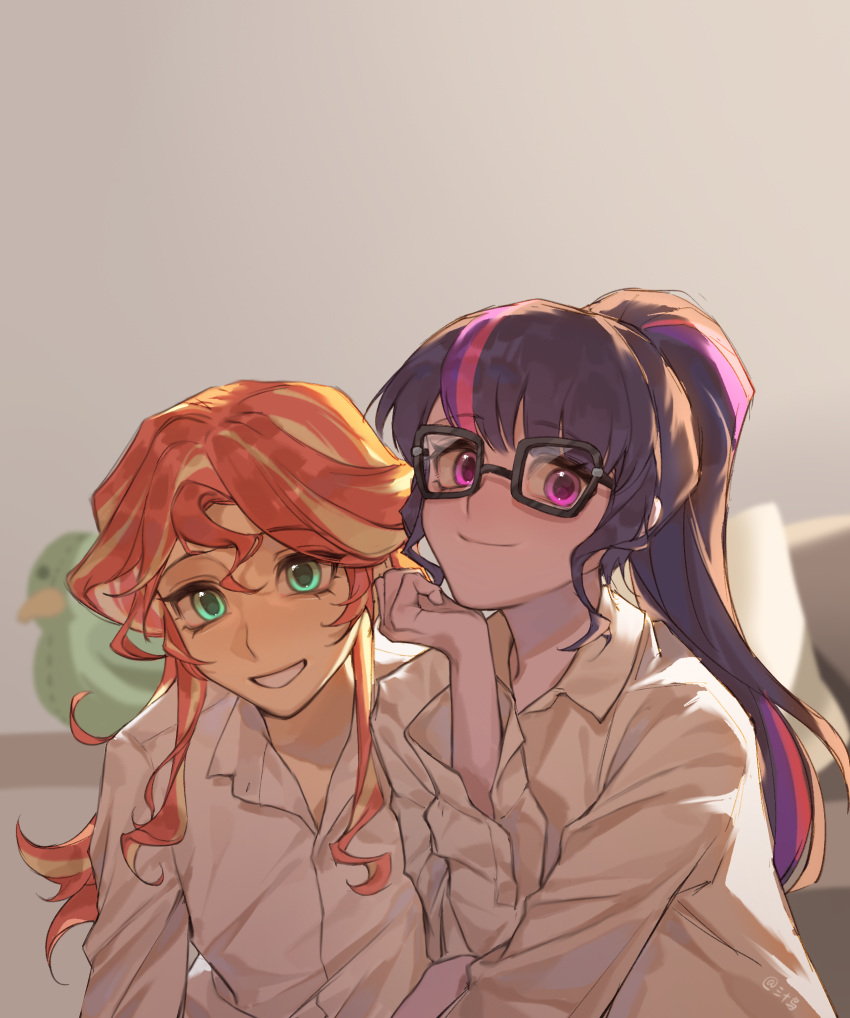 2girls, aegyo_sal, aqua_eyes, backlighting, black-framed_eyewear, black_hair, blonde_hair, blunt_bangs