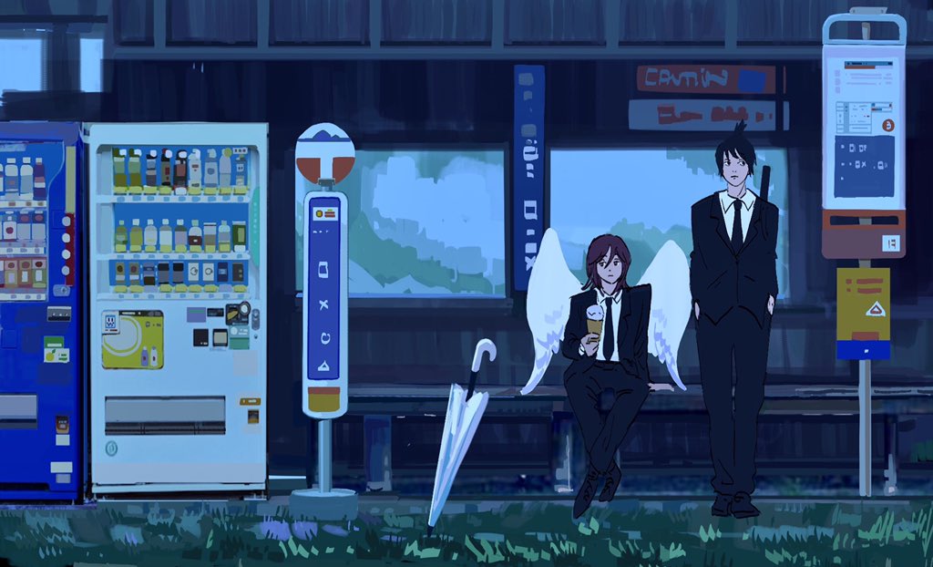 2boys, angel_devil_(chainsaw_man), black_eyes, black_hair, black_jacket, black_necktie, black_pants, black_shoes