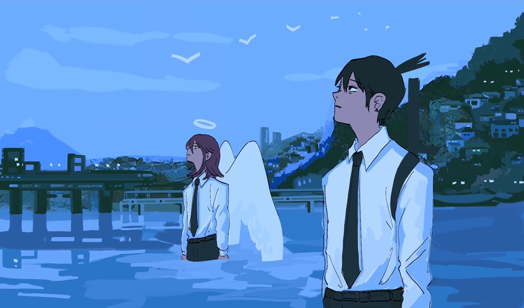 2boys, angel_devil_(chainsaw_man), black_eyes, black_hair, black_necktie, black_pants, blue_sky, brown_eyes