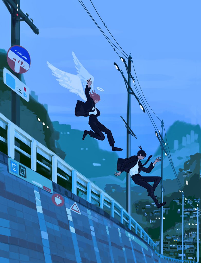 2boys, angel_devil_(chainsaw_man), black_hair, black_jacket, black_necktie, black_pants, black_shoes, black_suit, blue_sky, chainsaw_man, commentary, english_commentary, faceless, falling, feathered_wings, halo, hand_up, hayakawa_aki, house, jacket, lan_(ngtblan), long_sleeves, midair, multiple_boys, necktie, orange_hair, outdoors, pants, railing, shirt, shoes, short_hair, sky, spread_wings, suit, suit_jacket, topknot, white_halo, white_shirt, white_wings, wings